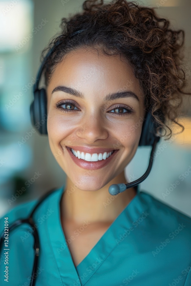 Healthcare professional smiling with headset, providing patient support and telehealth services in a modern medical office setting. Healthcare professional smiling with headset, providing patient support and telehealth services in a modern medical office setting.
