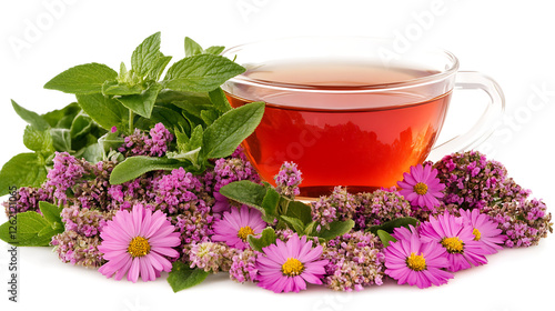 Floral Tea Arrangement with Cup of Herbal Beverage and Fresh Mint and Pink Flowers Decor Display photo