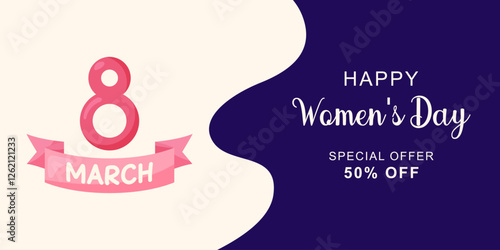 March 8 Women's Day horizontal banner with number 8 and ribbon. Simple cute greeting card. Vector illustration.