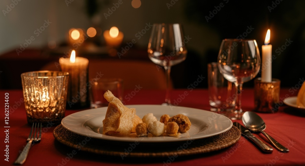 Elegant candlelit dinner setting with gourmet appetizers on white plate Elegant candlelit dinner setting with gourmet appetizers on white plate
