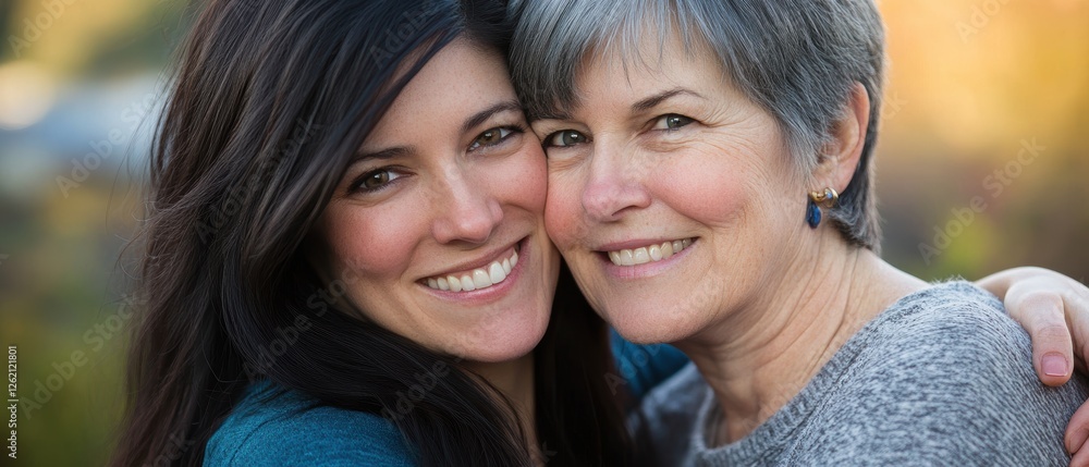 Obraz premium Happy mothers and daughters embracing outdoors, showcasing love and connection in a warm, natural setting