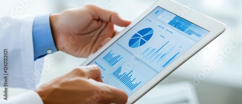 Hand holding tablet with business analytics data and charts, digital dashboard concept for data analysis and real-time reporting in a modern office