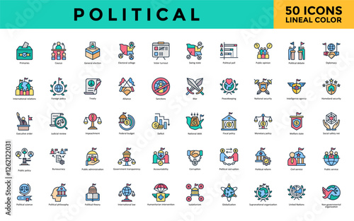 Political icon set with primaries, caucus, general election, electoral college, voter turnout, swing state, political poll, public opinion, political debate icon. Simple lineal color vector 
