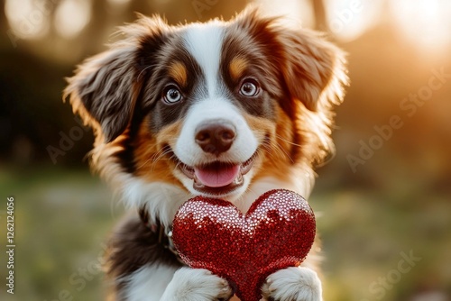 Ad campaign companion design idea. Cute australian shepherd pup with sparkling rhinestones red heart on a walk in a spring garden. Australian shepherd - my preferred dog, symbol of friendship.