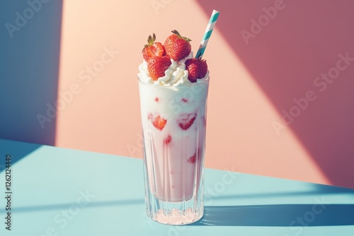 Strawberry milkshake with whipped cream in a tall glass against a pastel background