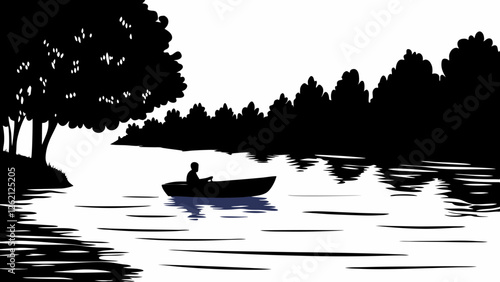 Serene lakeside scene, black and white illustration, lone rowboat, tranquil water, overhanging tree branches, misty distant shore, reflections on water surface, peaceful atmosphere, silhouette Vector 
