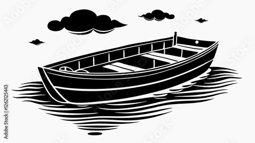 Serene lakeside scene, black and white illustration, lone rowboat, tranquil water, overhanging tree branches, misty distant shore, reflections on water surface, peaceful atmosphere, silhouette Vector 