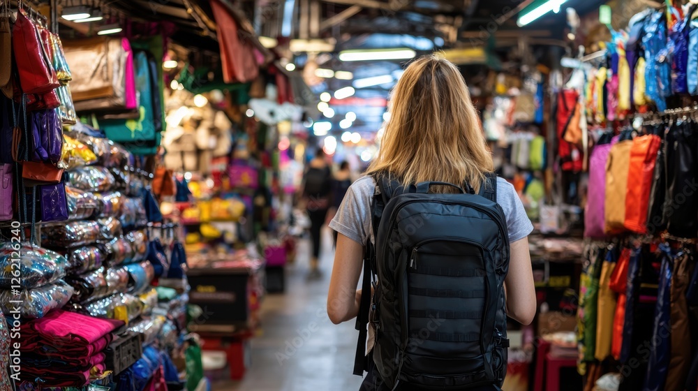 Exploring local markets vibrant streets shopping adventure urban environment back view cultural experience Exploring local markets vibrant streets shopping adventure urban environment back view cultural experience