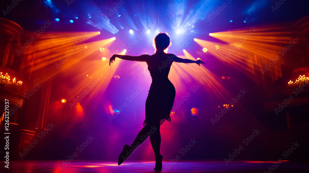 Naklejka premium charismatic salsa dancer captured in action, illuminated by vibrant stage lights, creating dynamic atmosphere