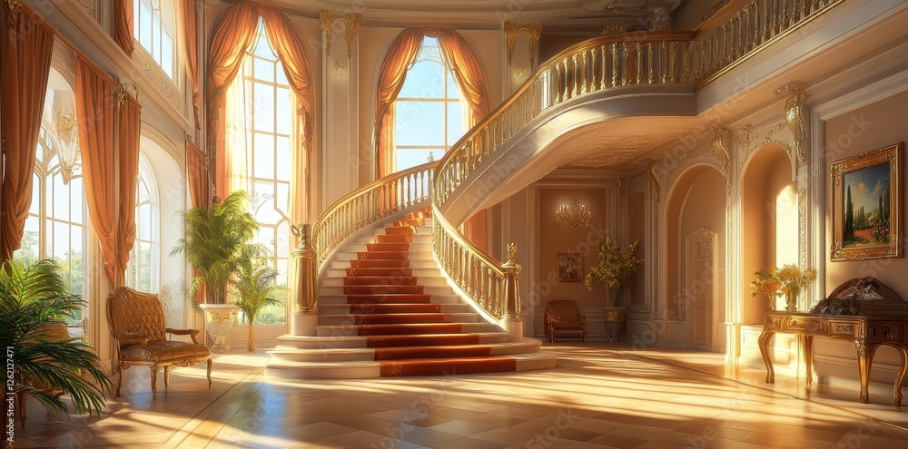 Obraz premium Elegant mansion interior with grand staircase and golden accents