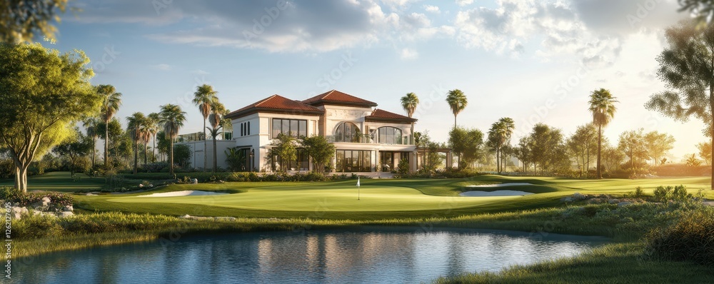 Fototapeta premium Elegant Tuscan villa overlooking lush golf course and serene lake at sunset