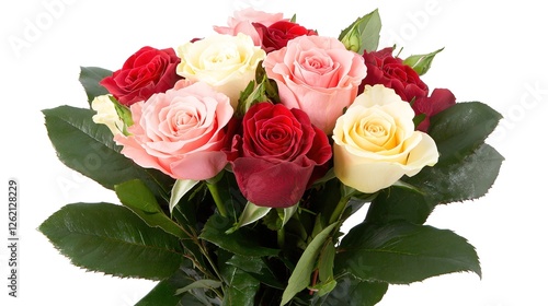 A romantic arrangement showcasing the contrasting hues of red and pink roses, embellished with a variety of fresh green leaves, ideal for setting a passionate and loving mood. photo