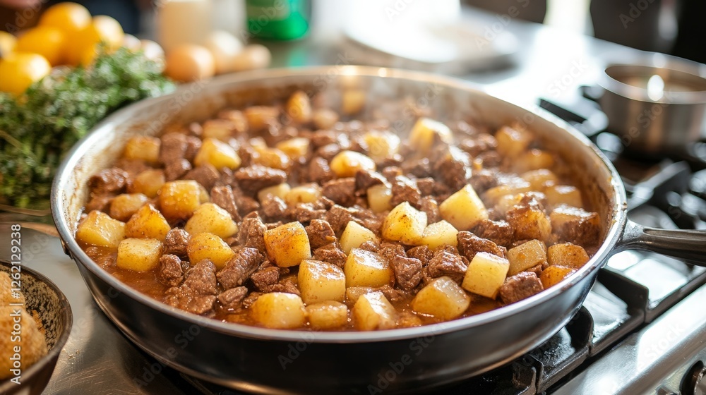 A savory dish featuring beef and potatoes simmering in a large pot. A savory dish featuring beef and potatoes simmering in a large pot.