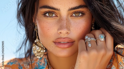 Captivating fashion model showcasing a statement jewelry necklace in an elegant studio portrait  The model s striking expression and glamorous makeup elevate the high fashion editorial look