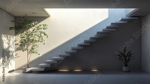 Minimalist architectural interior with floating staircase and green plants