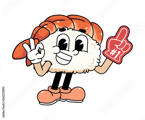 Retro sushi mascot logo, ebi sushi,shrimp sushi with Ok pose and wearing number one glove