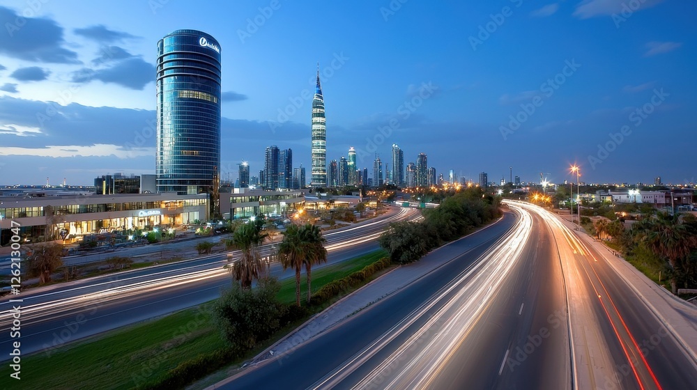 Fototapeta premium Breathtaking aerial panorama showcasing the modern and vibrant skyline of a thriving metropolitan city with towering skyscrapers illuminated roads and a dramatic dusk sky backdrop
