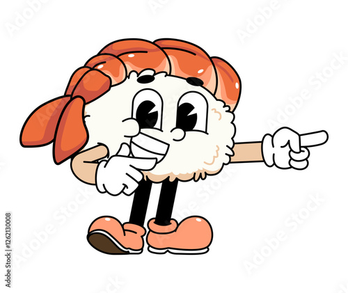 Retro sushi mascot logo, ebi sushi,shrimp sushi pointing with right hand