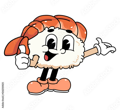 Retro sushi mascot logo, ebi sushi,shrimp sushi thumbs up pose