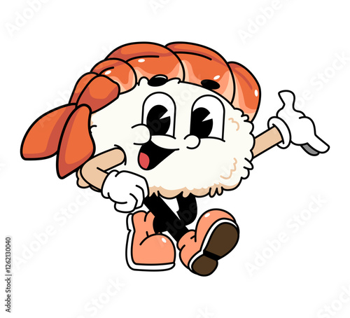 Retro sushi mascot logo, ebi sushi,shrimp sushi welcome pose