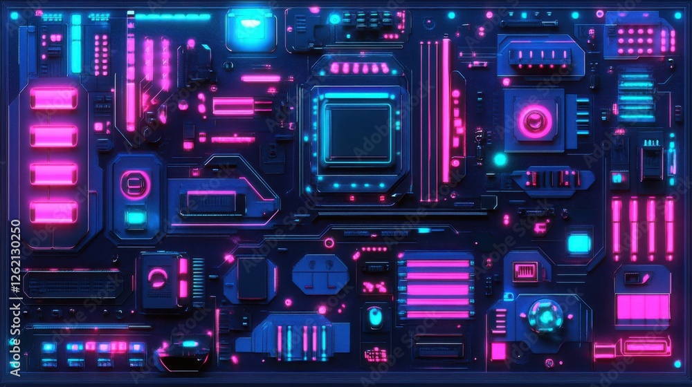 Cyberpunk neon circuit board with glowing pink and blue elements, sci-fi digital aesthetics, high resolution Cyberpunk neon circuit board with glowing pink and blue elements, sci-fi digital aesthetics, high resolution