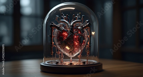 Wallpaper Mural A glass dome featuring a robotic heart inside, highlighting its energy levels through a clear, protective enclosure.  Torontodigital.ca