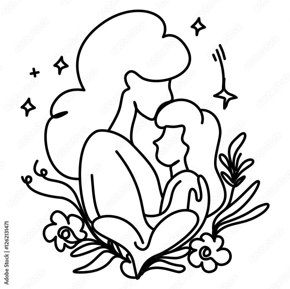 Line art illustration of a mother hugging her child, symbolizing love, affection, and the bond between mother and child. Perfect for Mother's Day cards, social media posts, and designs celebrating mot Line art illustration of a mother hugging her child, symbolizing love, affection, and the bond between mother and child. Perfect for Mother's Day cards, social media posts, and designs celebrating mot