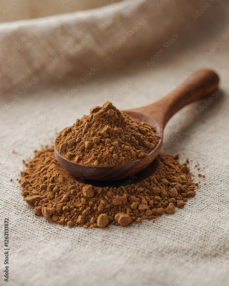 Chaga mushroom powder in a wooden spoon on a textured fabric surface. Herbal supplement and natural remedy concept