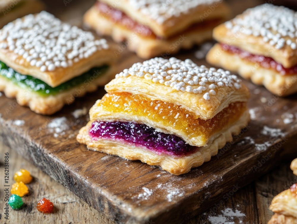 Pastry treats with jelly and sugar topping Pastry treats with jelly and sugar topping