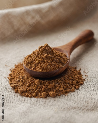 Obraz na płótnie Chaga mushroom powder in a wooden spoon on a textured fabric surface. Herbal supplement and natural remedy concept w salonie