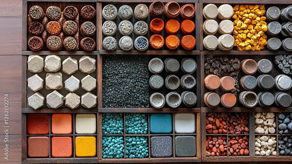 Harmony of Spices: An overhead, inviting, and detailed view of meticulously arranged colorful spices displayed in a wooden box, creating a sense of abundance and variety Harmony of Spices: An overhead, inviting, and detailed view of meticulously arranged colorful spices displayed in a wooden box, creating a sense of abundance and variety