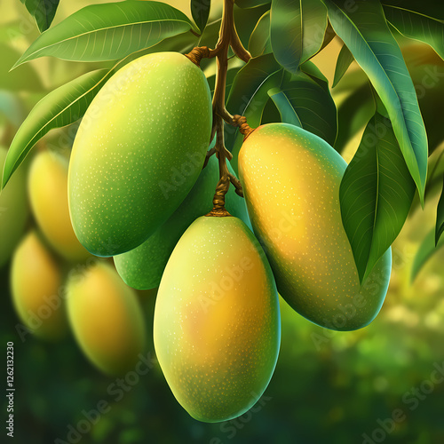 Juicy mangoes ripen on the tree in a vibrant tropical garden at midday photo