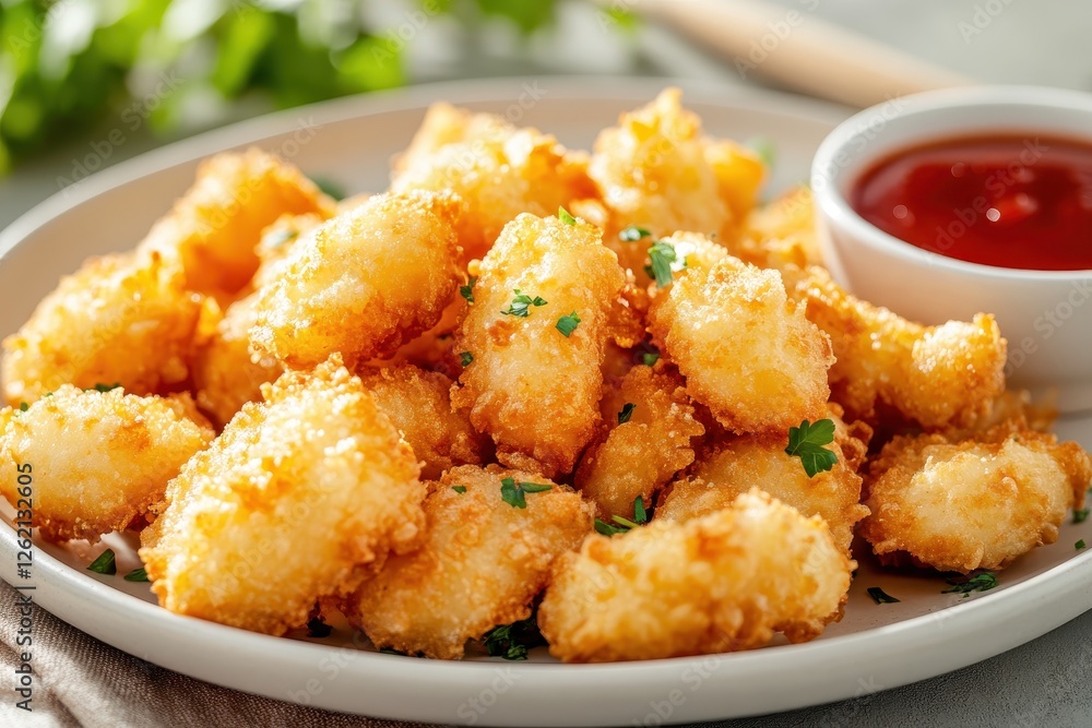 Golden crispy popcorn chicken on a white plate with dipping sauce Golden crispy popcorn chicken on a white plate with dipping sauce