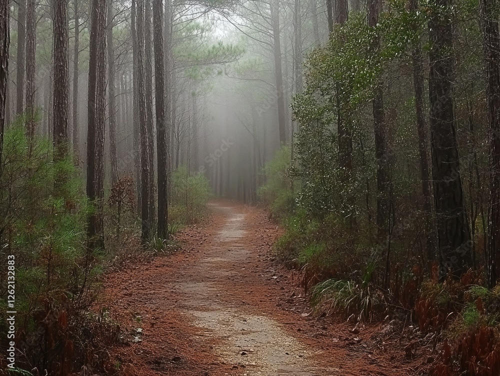 Obraz premium Ethereal Pathway Through the Misty Woodland, A Serene Forest Escape