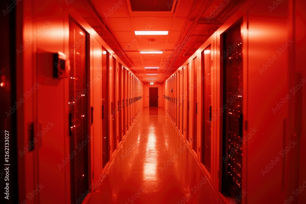 Red Lit Server Room Corridor Data Center Servers Red Lit Server Room Corridor Data Center Servers