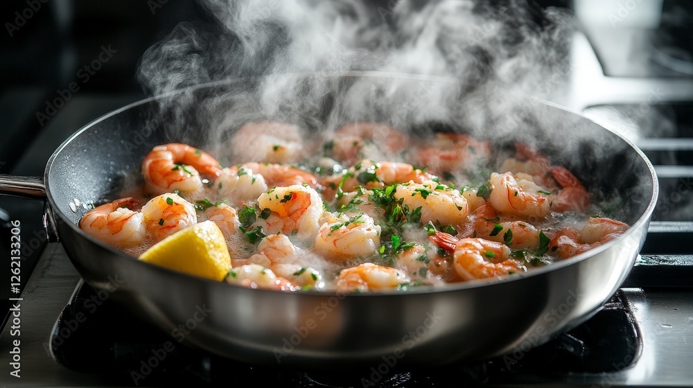 A sizzling shrimp dish in a pan, garnished with herbs and lemon, creating a flavorful aroma. A sizzling shrimp dish in a pan, garnished with herbs and lemon, creating a flavorful aroma.
