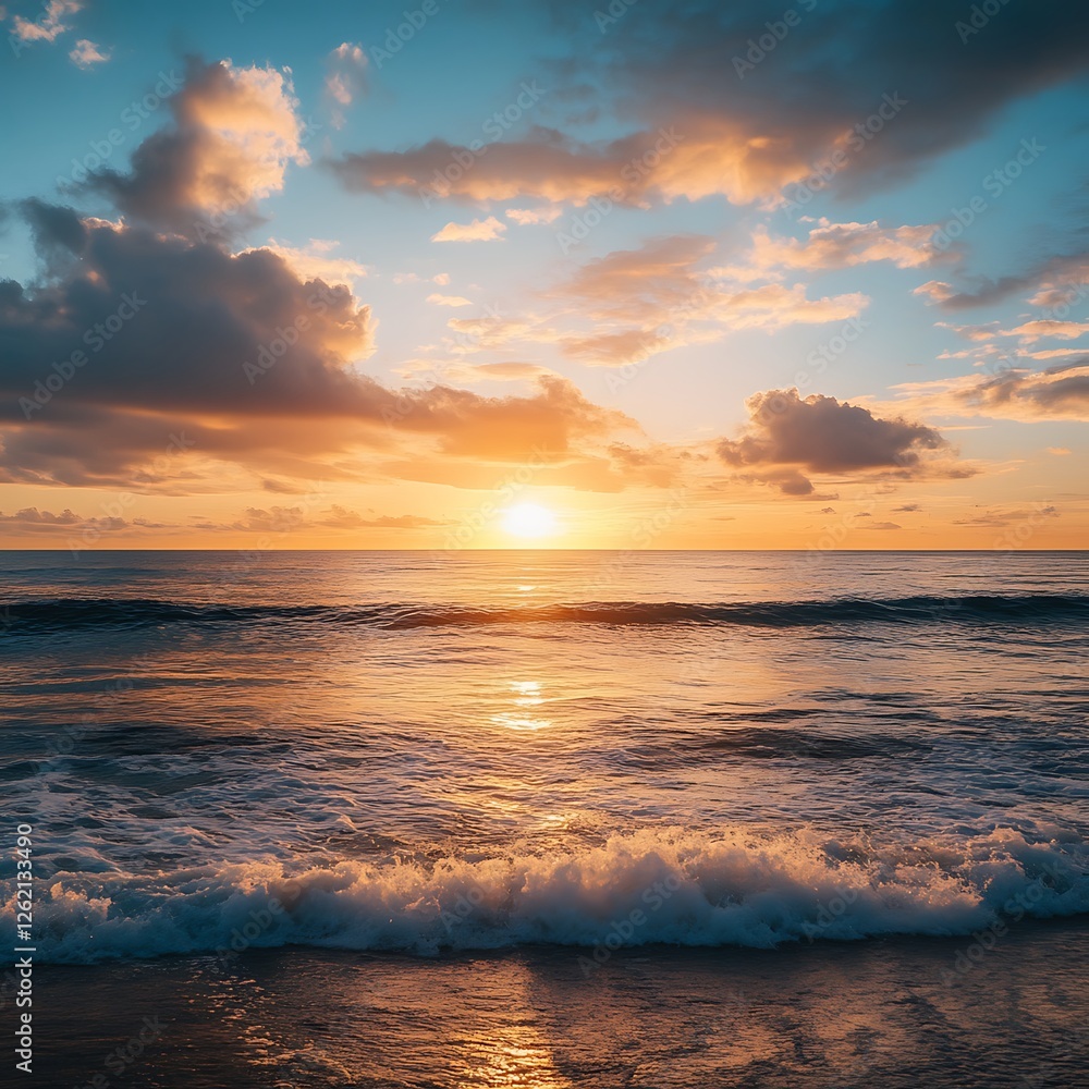 Obraz premium Tranquil golden sunset over rolling ocean waves with soft pastel clouds