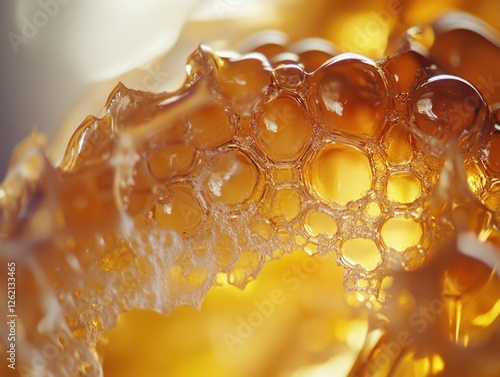 Close-up of honeycomb with droplets of honey, showcasing the intricate pattern and natural sweetness. photo