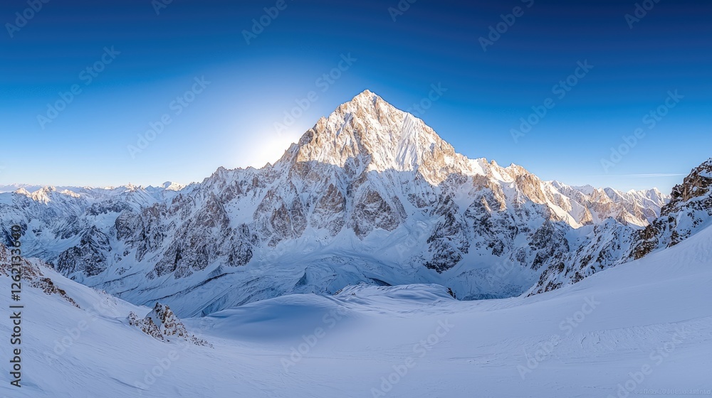 Majestic snow-capped mountain sunrise, glacier valley Majestic snow-capped mountain sunrise, glacier valley