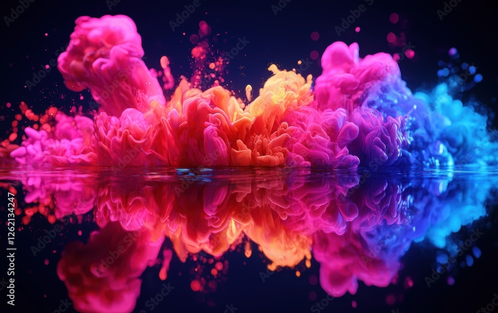 A vibrant explosion of colorful smoke reflected on a dark surface, creating a stunning visual of pink, orange, and blue hues. A vibrant explosion of colorful smoke reflected on a dark surface, creating a stunning visual of pink, orange, and blue hues.