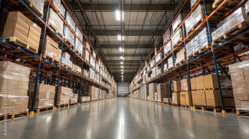 Vast warehouse storage with stacked boxes on shelves Vast warehouse storage with stacked boxes on shelves