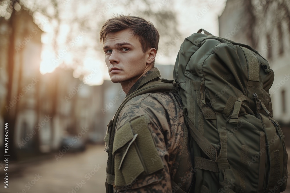 Military man in uniform with backpack walking through urban area at sunset, A serious military man wearing a uniform is taking his backpack and go away from home Military man in uniform with backpack walking through urban area at sunset, A serious military man wearing a uniform is taking his backpack and go away from home