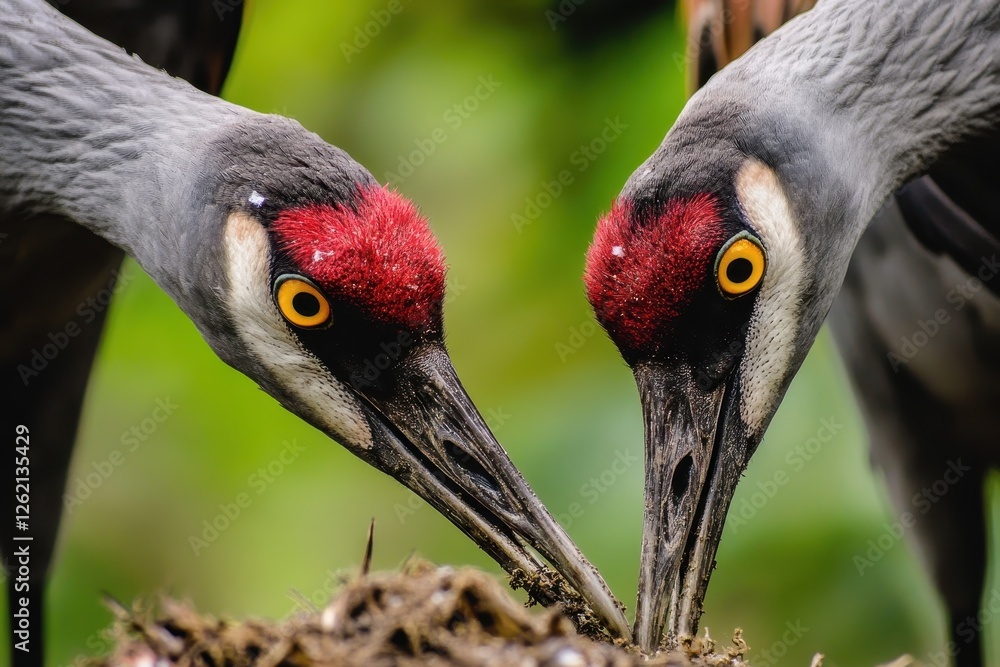 Fototapeta premium Close-up of three common cranes feeding in their natural habitat during a bright day in spring, Three common crane Grus grus Close up Birds are feeding in the field Slow motion