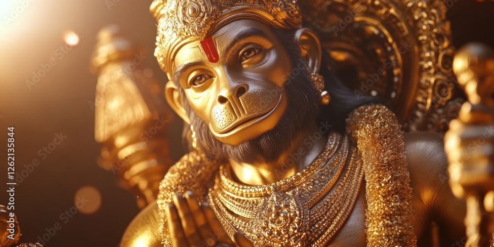 Fototapeta premium The image showcases a golden statue of Lord Ganesha, a revered deity in Hinduism, known for wisdom and success. The ornate depiction is intricately designed and adorned with gold accents.
