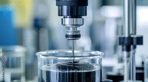 Close up of viscometer spindle rotating inside beaker filled with liquid. precision instrument measures viscosity in laboratory setting