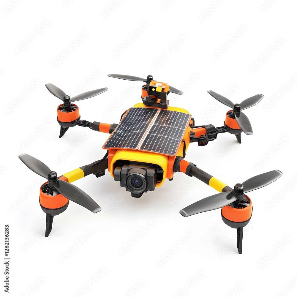 Orange Solar Drone, Isolated, White Background, Technology Orange Solar Drone, Isolated, White Background, Technology