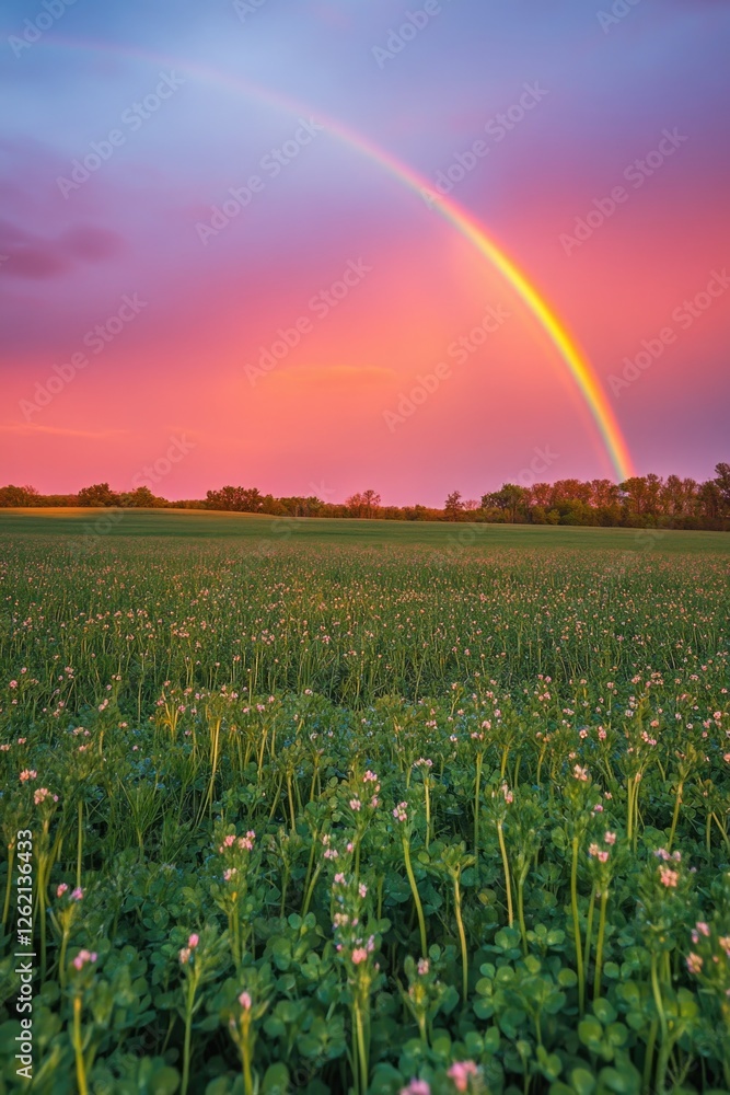 Fototapeta premium A vibrant rainbow arches over a field blooming with wildflowers at sunset.
