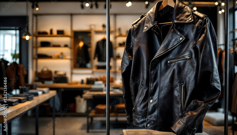 Fototapeta premium A luxurious leather jacket displayed in a boutique, highlighting premium materials and minimalist store design.