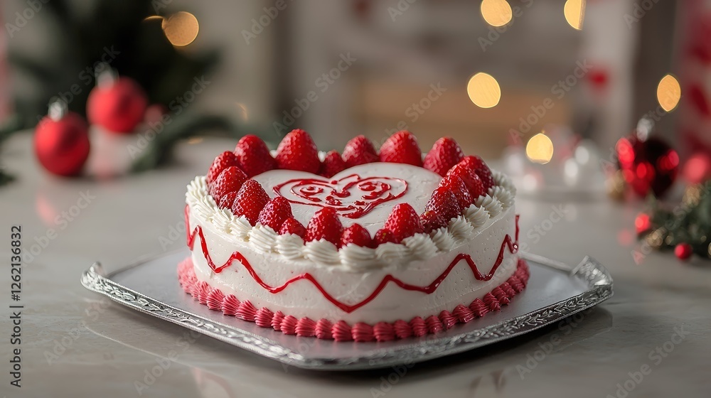 An exquisite heart-shaped cake topped with vibrant red strawberries and intricate icing designs, displayed on an elegant table with festive decorations in the background, An exquisite heart-shaped cake topped with vibrant red strawberries and intricate icing designs, displayed on an elegant table with festive decorations in the background,