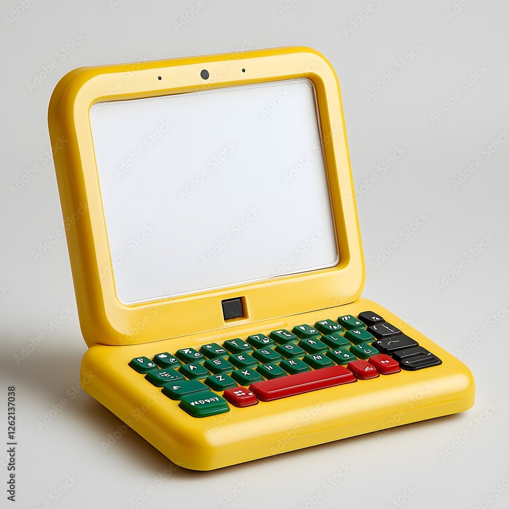 Child's yellow laptop, studio shot, blank screen, educational toy Child's yellow laptop, studio shot, blank screen, educational toy